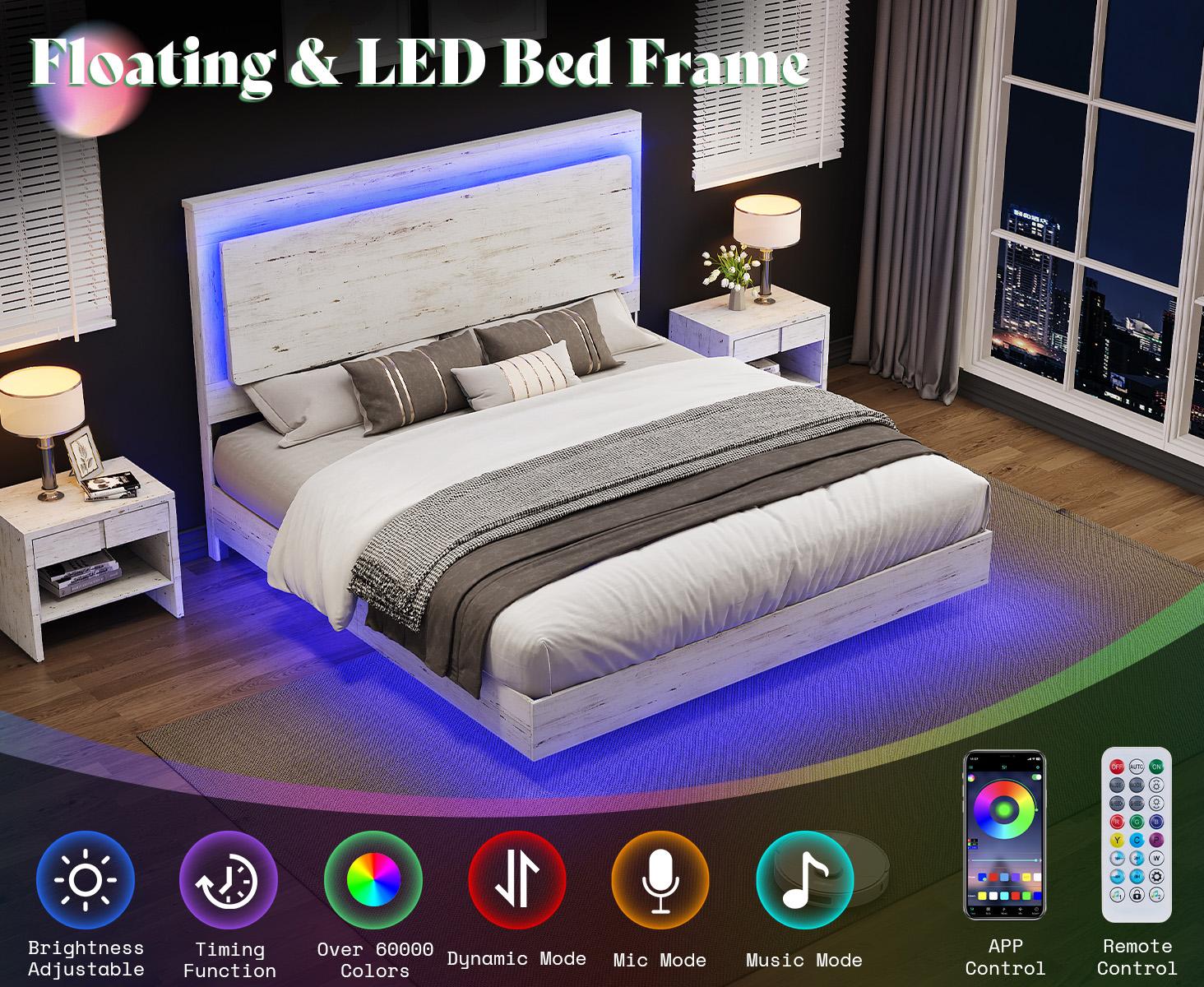 AMERLIFE Farmhouse Floating Bed Frame with Reclined Headboard, Platform Bed with LED Light, No Box Spring Needed/Unique Bedroom Furniture/Best Gift Ideas/Christmas Gifts AMERLIFE Farmhouse Floating Bed Frame with Reclined Headboard, Platform Bed with LED Light, No Box Spring Needed/Unique Bedroom Furniture/Best Gift Ideas/Christmas Gifts