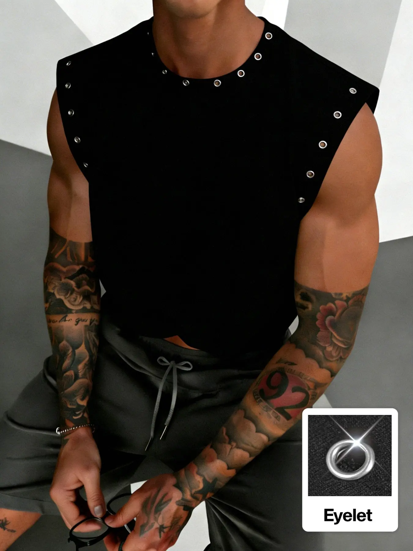 Men's vest, Tropical, Loose sleeveless, short and wide-shouldered design, with eyelets at the collar and cuffs, elastic collar for a comfortable fit, suitable for various occasions including vacations, everyday wear
