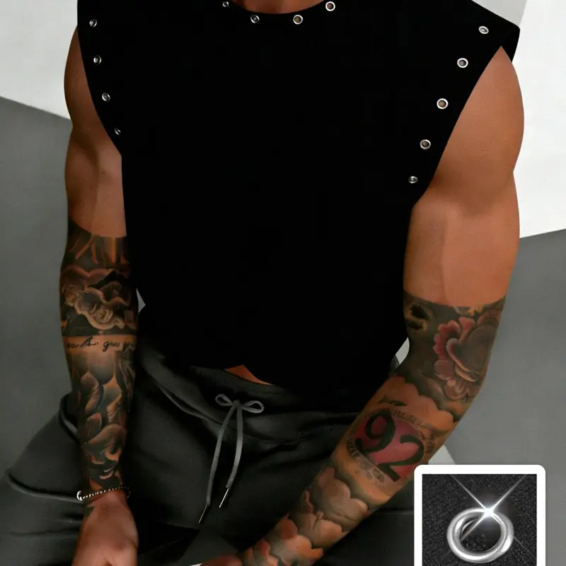 Men's vest, Tropical, Loose sleeveless, short and wide-shouldered design, with eyelets at the collar and cuffs, elastic collar for a comfortable fit, suitable for various occasions including vacations, everyday wear