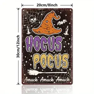 1count 20x30cm UME Vintage Hocus Pocus Tin Metal Sign - High-Quality Iron Plaque with Witch Hat, Bats, Spiders, Webs for Halloween Themed Home Decoration, Pre-Drilled for Easy Hanging