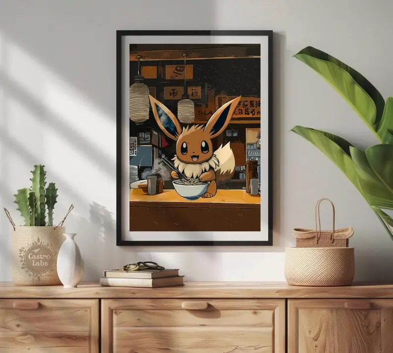 Eevee Ramen Series Poster Japanese Style Pokemon Inspired Anime Artwork - Printable Wall Art, Ramen Noodles Art, Pokemon Eevee (Frame Not Included)