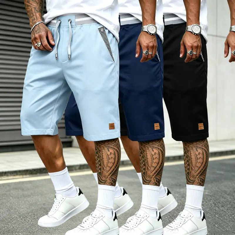 Men’s summer color-block casual shorts, black-and-white double-stripe ribbed fabric, elastic mid-rise waist, paired with gray-white dual drawstrings, flat lock-edge straight cut with a flat hem. Suitable for light casual wear that’s easy to match, suitabl