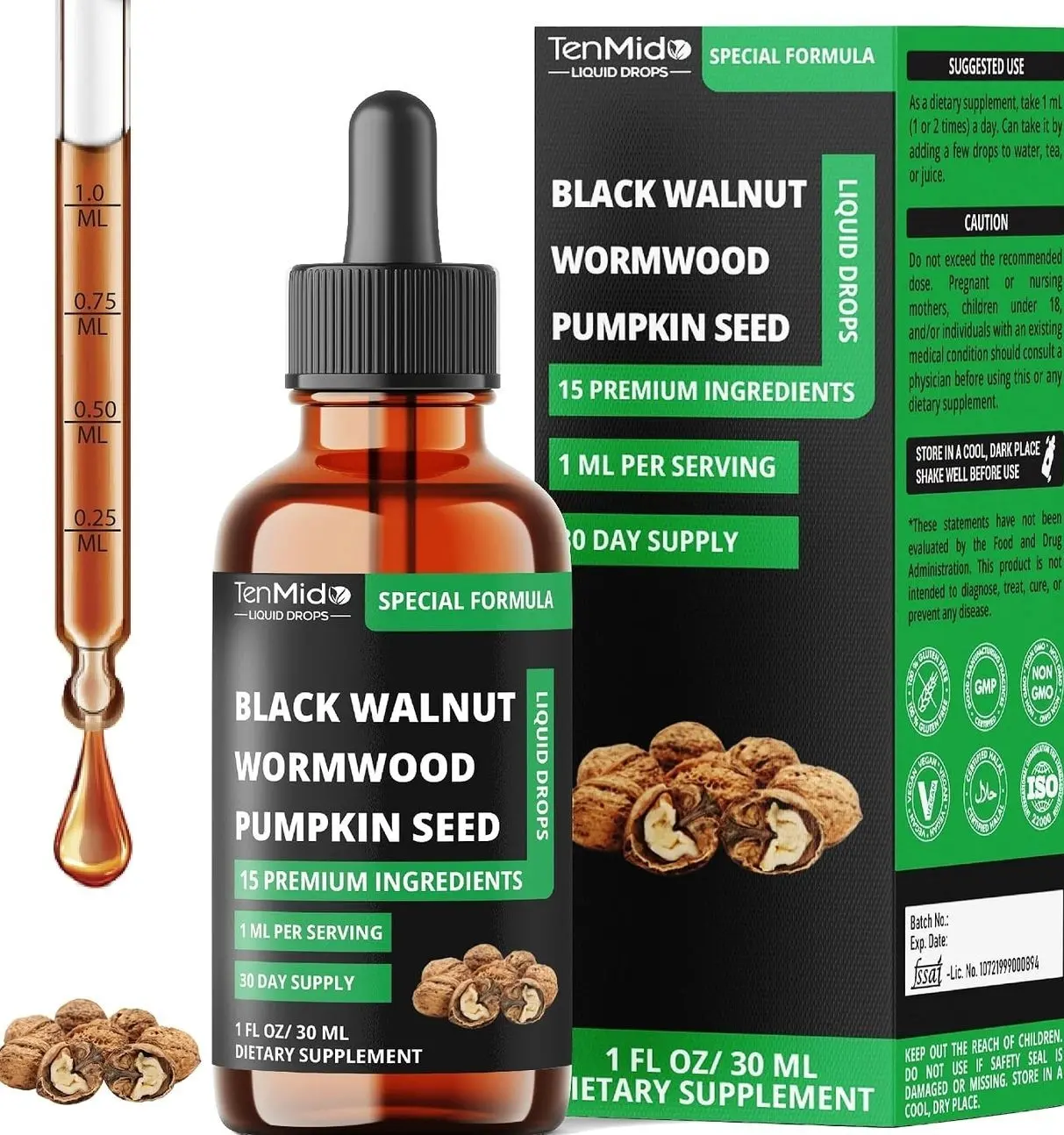15in1 Black Walnut Liquid Drops with Wormwood, Pumpkin Seed, Oregano, Garlic, Soursop, Berberine, Shilajit,Ceylon Cinnamon, Turmeric & More - 30 Days Supply - 1FL Oz