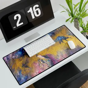 Abstract Fluid Art Desk Mat | Marbleized Gold Blue Pink Mousepad