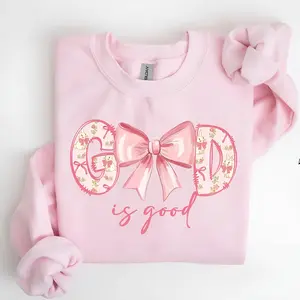 God Is Good Youth & Adult Sweatshirt Hoodie, Christian Pink Bow Graphic Pullover, Faith Based Cute Aesthetic Crewneck for Women Girls