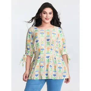 BloomChic Women's Plus Size Multi-Color Flowers Print Smooth Nylon Shirt, Sleeve-Knot Knit Top [M-6X] 2026 Summer Vibes Swimweek
