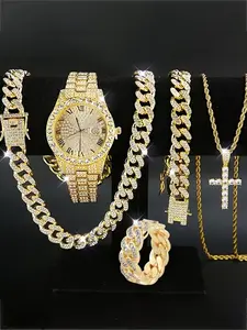 5counts-Men's rhinestone watch set, fashionable cross necklace ring bracelet set, Christmas set