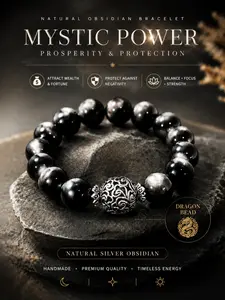 Men's Natural Crystal Bracelet, Obsidian Silver Color, Wealth Attraction, Protection, Wedding Gift, Birthday, Festival