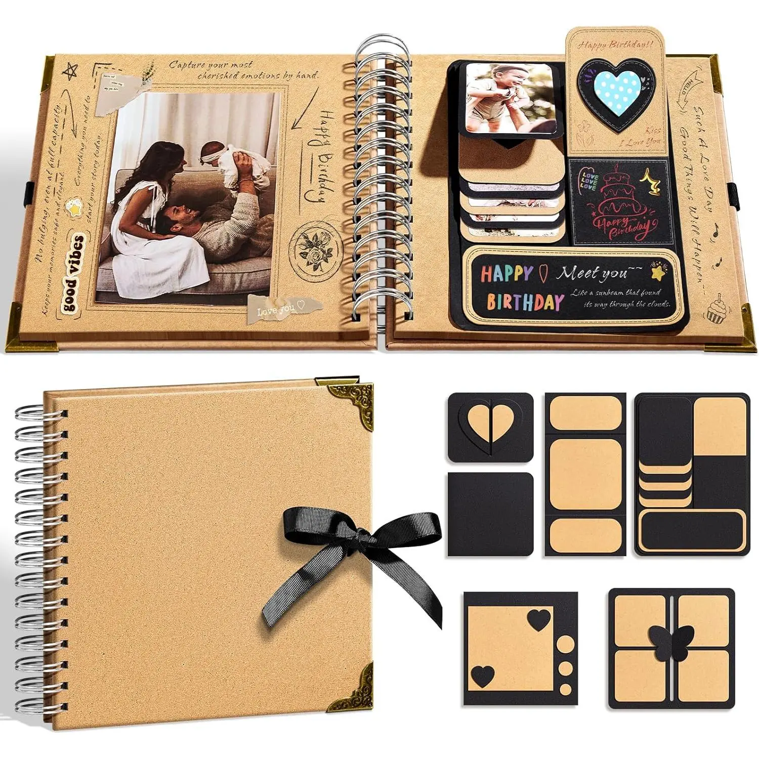 8x8 DIY Scrapbook Kit with 360-Degree Rotating Binding, 40 Pages of 250gsm Thick Kraft Paper, Metal Corner Protectors, 3D Interactive Elements, Glue Pen for Scrapbooking Ideas & Meaningful Gifts (Weddings, Graduations)