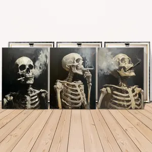 Smoking Skeleton Pattern Canvas Painting, 3 Counts/set Creative Wall Art Painting, Unique Artwork, Wall Art Decor for Home Living Room Bedroom Office, Modern Home Decor, Ornaments