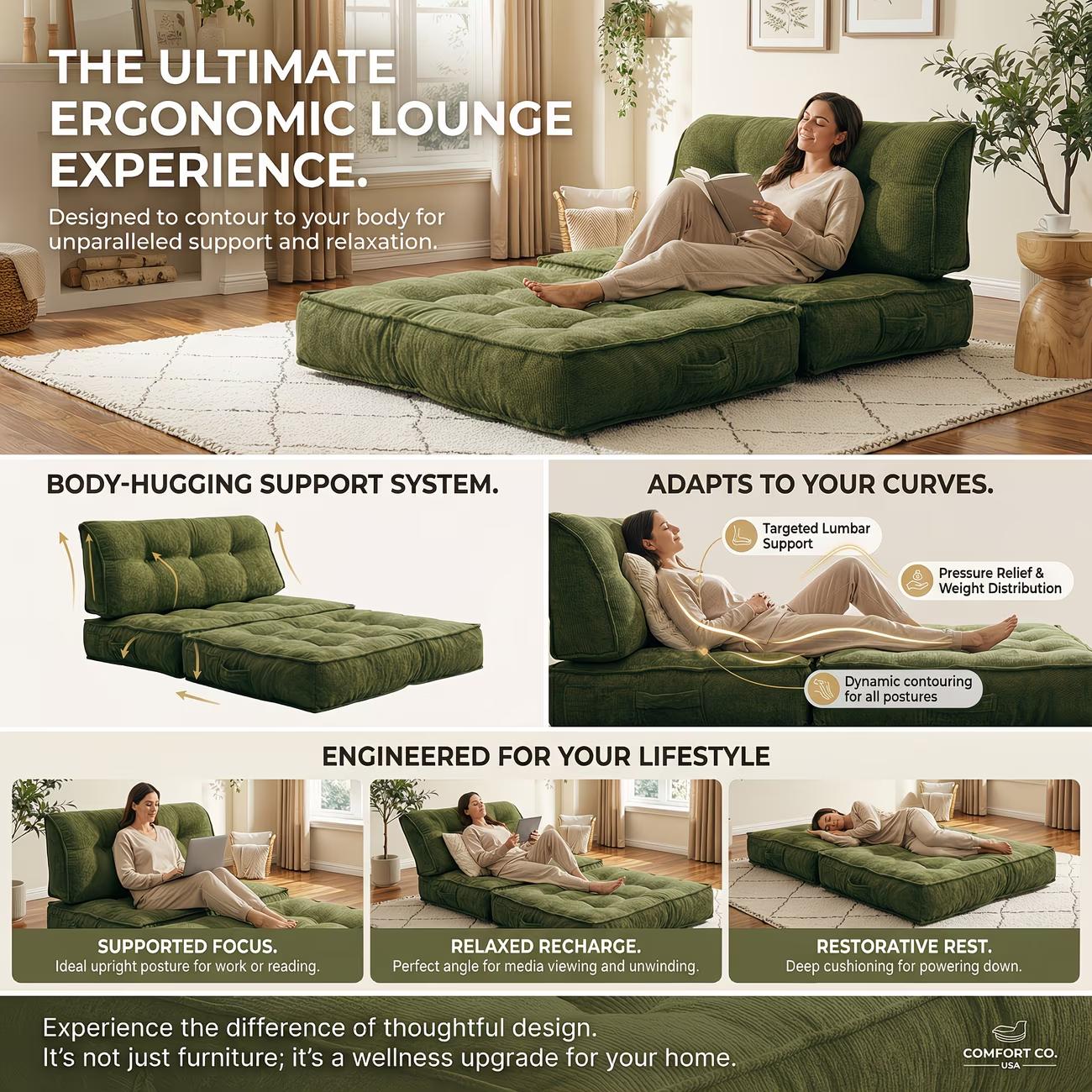 Chenille Small Space Convertible Sofa Bed, 2-in-1 Folding Floor Sleeper, No Assembly Space Saving Couch for Living Room Bedroom Apartment Dorm Guest Room Boneless Chaise Plush Modern furniture sectional Modular