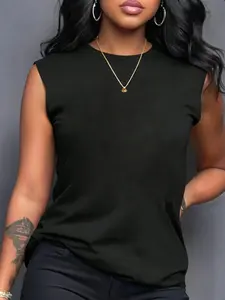 Women's Casual Fitted Solid Color Round Neck Vest, Comfortable Daily Wear, Fashionable Leisure T-Shirt Vest, Perfect for Spring & Summer, Casual Sleeveless Tank