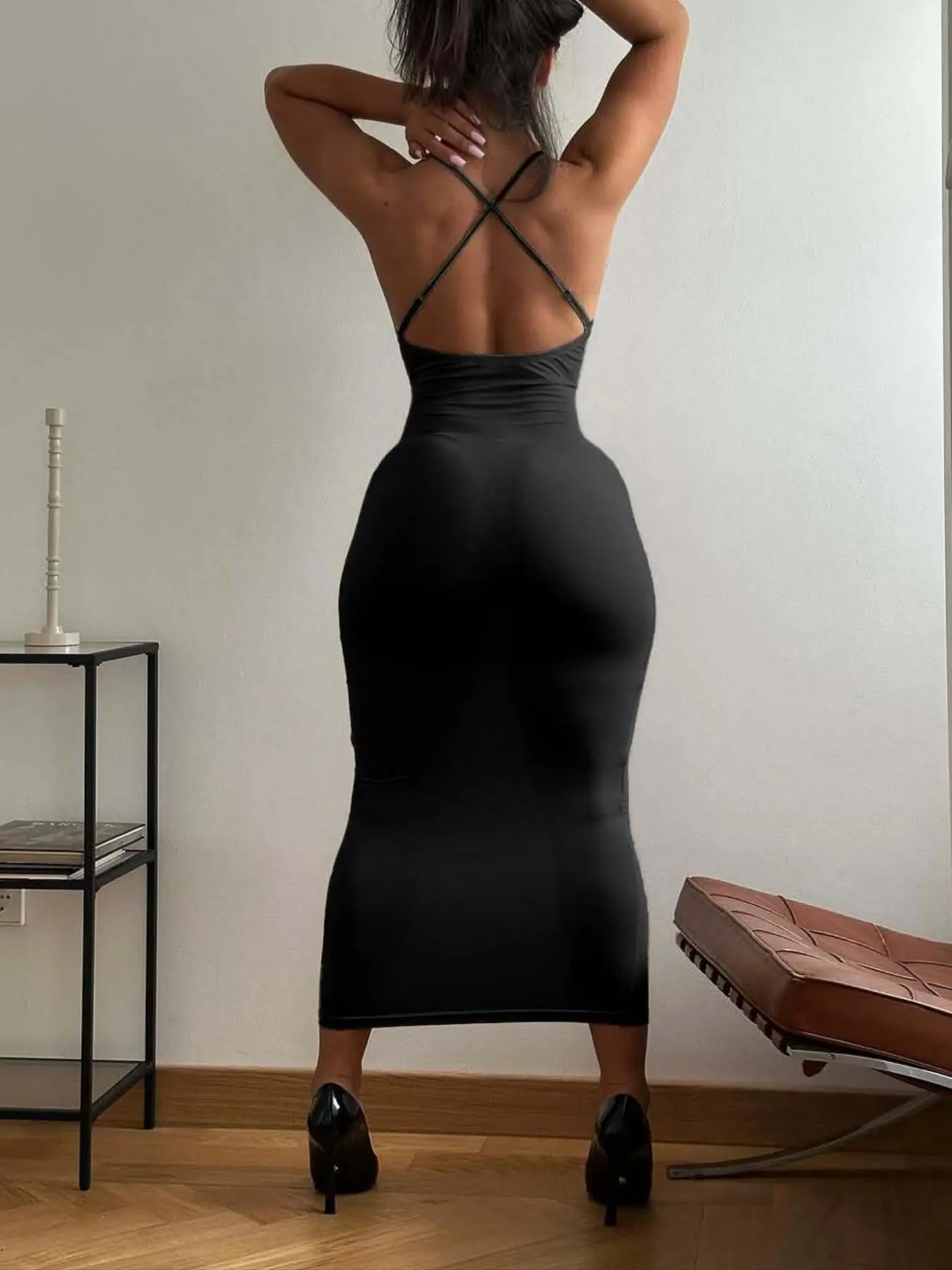 Fashion Solid Color Mid-Length Dress, Thin Strap Spaghetti Strap Cross Backless  Bodycon Tight Fit, Sexy Formal Party Dress for Women, Womenswear - TikTok  Shop
