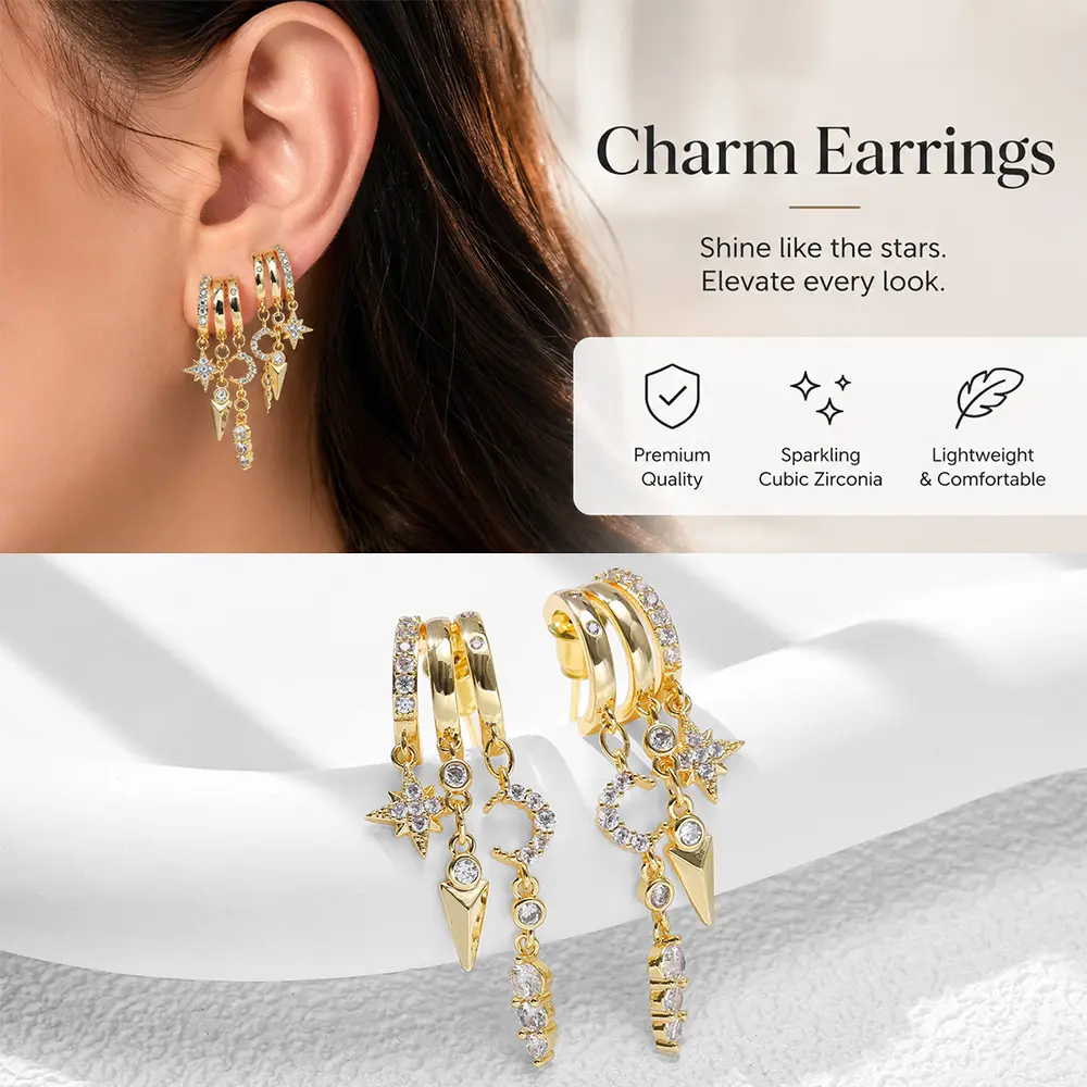 Luxurious Women 14K Gold Plated Triple Dangling Huggie Earrings Inlaid Cubic Zirconia Moon, Star Tassel Pendant Chain Earrings Perfect Gift All-day Wear Party, Proms, Music Festivals, And Holiday Wear Accessories