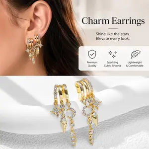 Luxurious Women 14K Gold Plated Triple Dangling Huggie Earrings Inlaid Cubic Zirconia Moon, Star Tassel Pendant Chain Earrings Perfect Gift All-day Wear Party, Proms, Music Festivals, And Holiday Wear Accessories