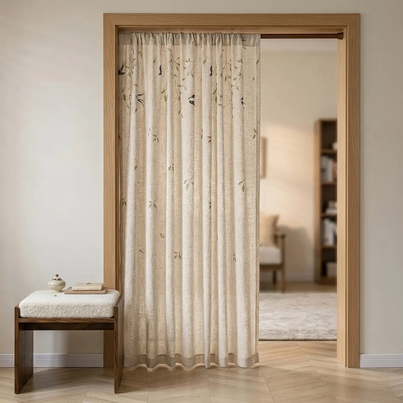 1pc Japanese Style Swallow Willow Leaf Print Linen Look Curtain, Minimalist Rod, Various Sizes, Suitable for Doors and Windows, Home Decor, Home Decorative Curtain, Home Decoration Curtain