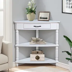 33.8'' Small Triangle Corner Table, Wood Corner Side Table for Small Spaces/ Living Room, 3 Tier End Corner Table with Solid Wood Legs, Milk White