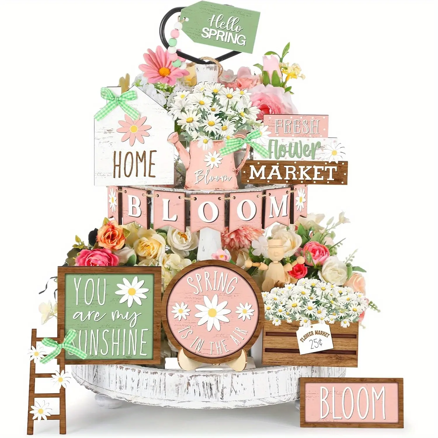 Wooden Flower & Letter Pattern Tiered Tray Decor, 16pcs/set Spring Themed Desktop Decoration, Home Decor for Living Room Bedroom Kitchen, Signs, Decorative Plaque, Spring Flowers, Daisy, Decorations Supplies