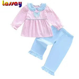 Kid Girls Pants Set, Long Sleeve Doll Collar Bow Stripes T-shirt with Pants Clothing Set Fall Outfit