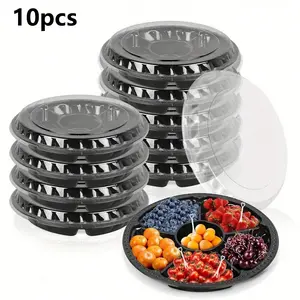 10pcs Round Plastic Trays with Lids, Six-Compartment Food Containers, Ideal for Fruits Vegetables Snacks, Party Buffet Kitchen Essentials, Food Grade Plastic
