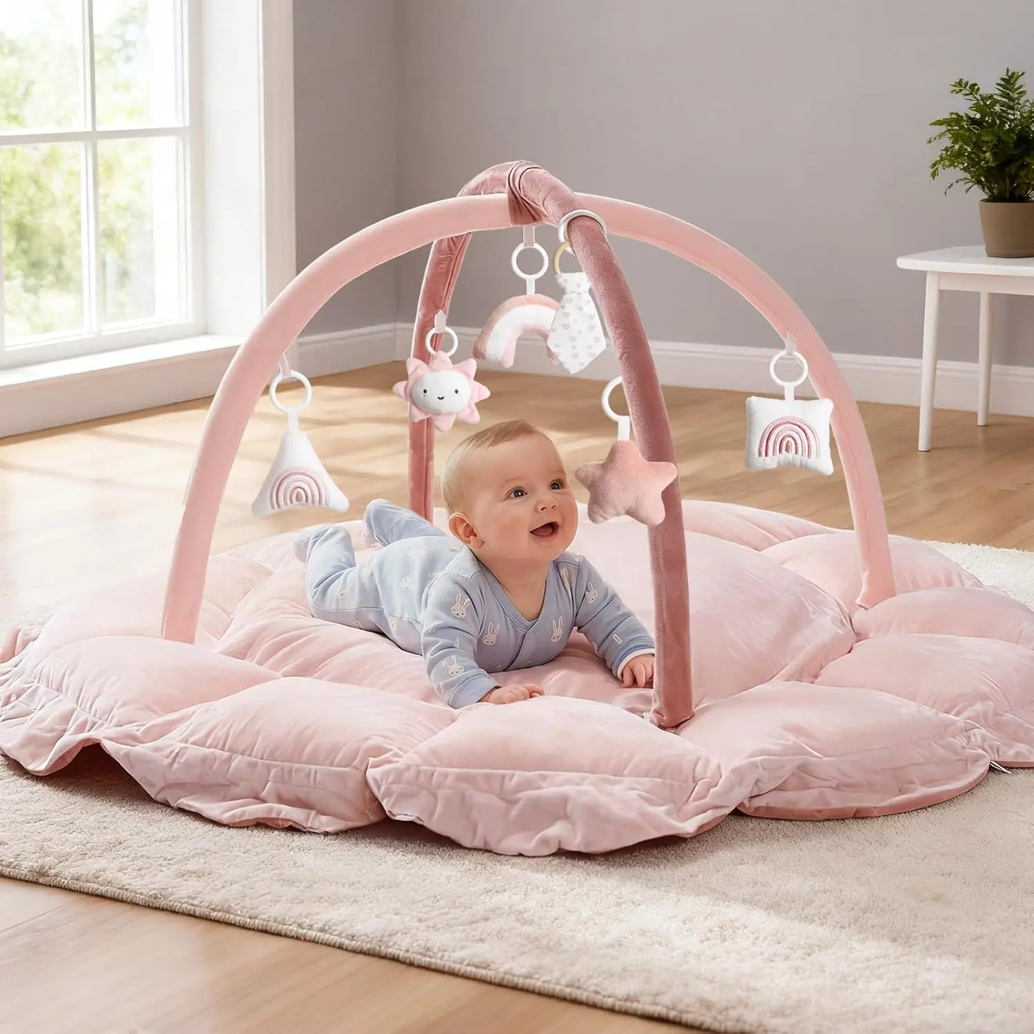 5-in-1 Thick Plush Baby Play Gym Mat, Tummy Time Mat with 6 Sensory Toys, Baby Play Mat, Convertible Baby Gym for Stage-Based Development from Babies to Toddlers, Baby Essentials Gift, Pink