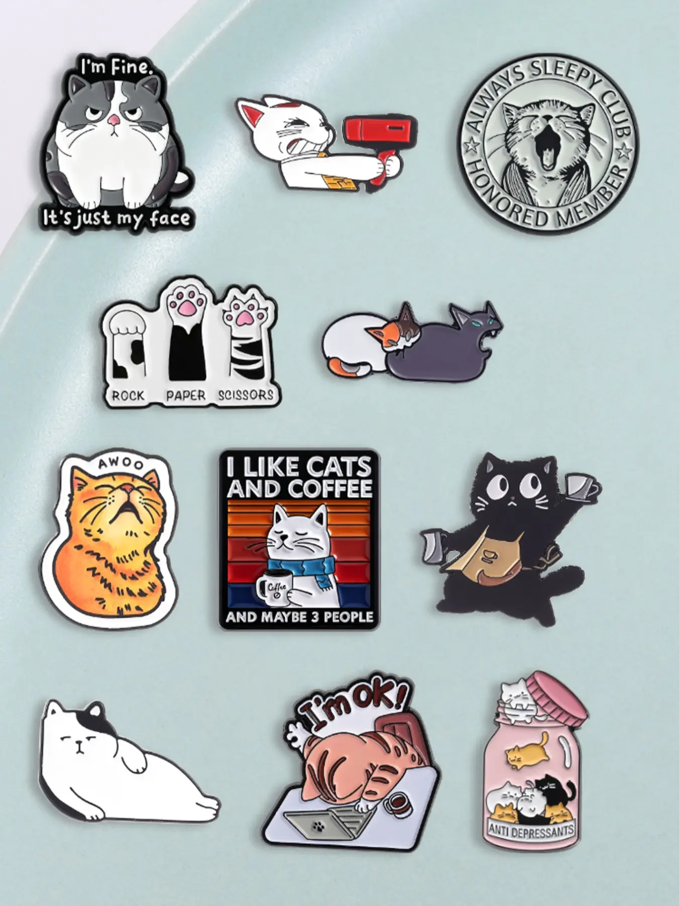 Cat Lover Enamel Pins Set of 12, Fun Lapel Badges for Clothing & Backpacks, Perfect Gift for Cat Enthusiasts & Office Workers, Lapel Brooch, Decor Pins, Alloy Brooch Pin