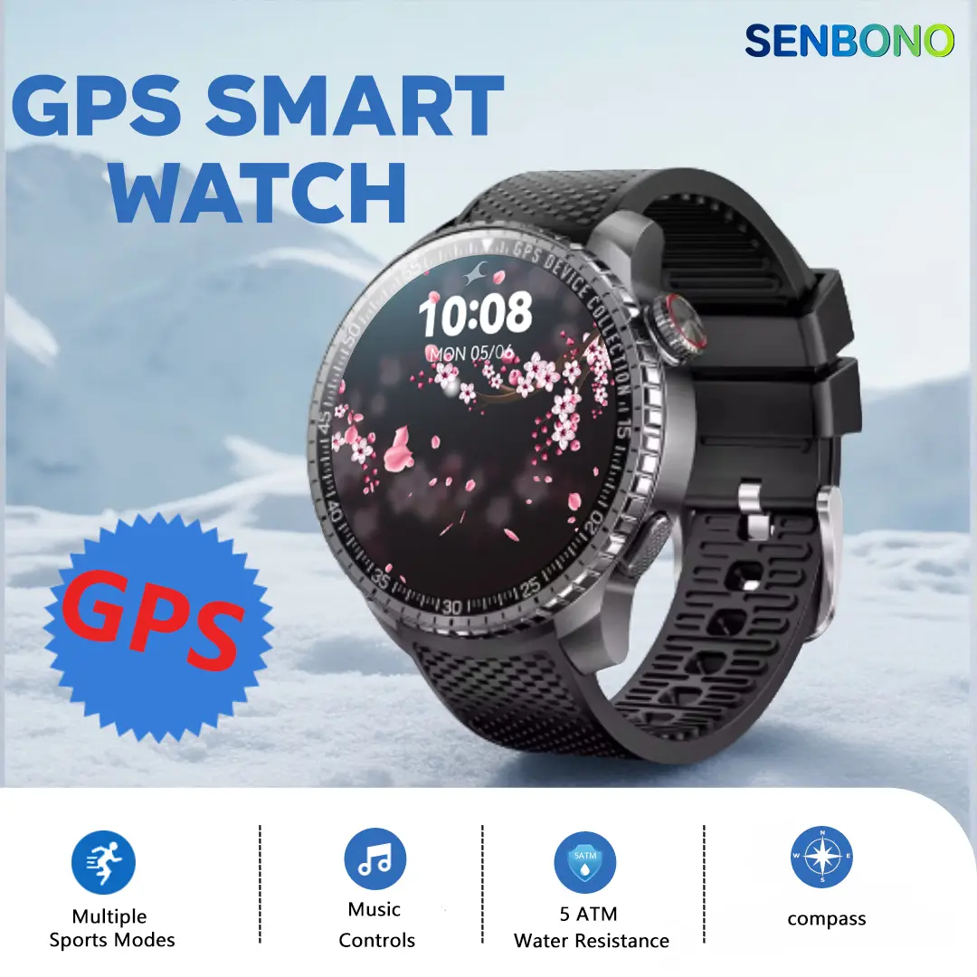 SENBONO 1.43-in LED Screen 5 ATM Waterproof Smart Watch - Android-Compatible Wearable, GPS, AI Watch Face, Multi-Sports Fitness Track, Wireless Calling, Sedentary Reminder, Alarm Clock, Calculator, Bluetooth Silicone Band, Health Monitoring