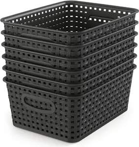 Woven Storage Organizer Basket, 6-Pack Black Plastic Weave Baskets, 10.1 x 7.55 x 4.1 Inch Storage Bins for Home Closet Shelf Drawer Organization