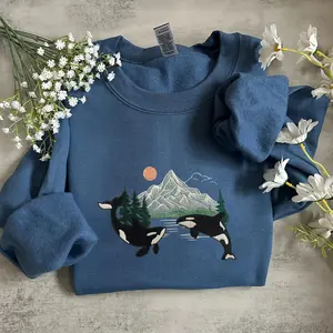 Orca Whale Embroidered Sweatshirt, Respect Local Wildlife, Protect National Park, Camping Granola Girl Sweatshirt, Pacific Northwest Sweater