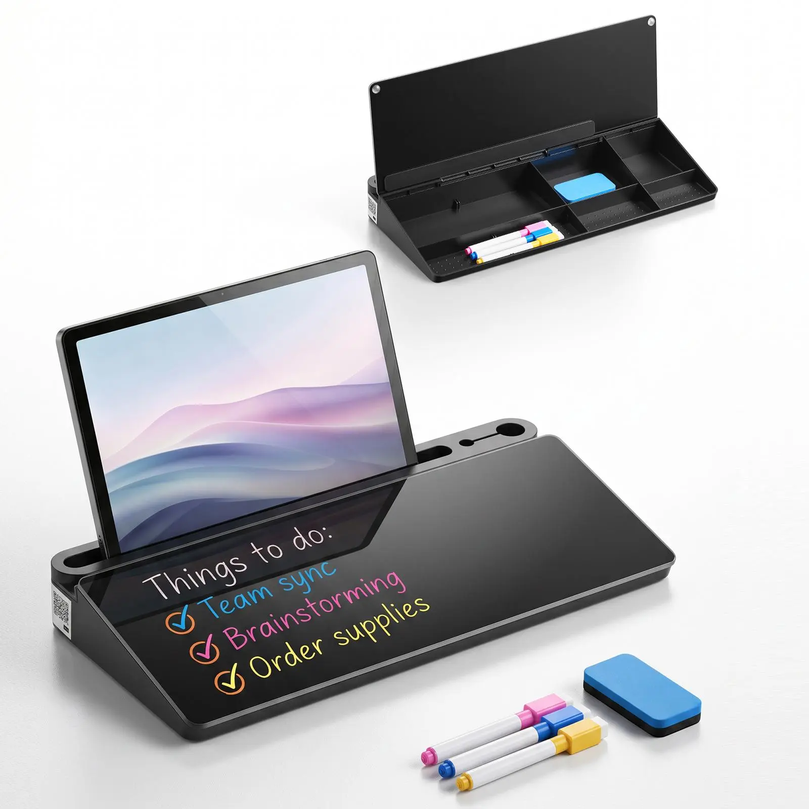 【BackToSchool】VEVOR Desktop Glass Dry Erase Board 15.8 x 7.1 x 1.9 in Desk Whiteboard, Compartment Storage, Non-Slip Bottom, Ergonomic Angled Design, Desktop Organizer for Office, Home, School Supplies, Black