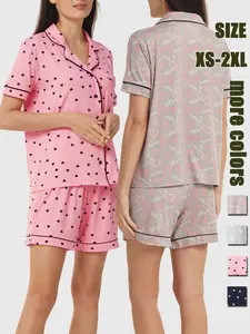 Women's Heart Print Short Sleeve Fitted Pajama Two-piece Set, Casual Comfy Pajama Set for Women, Comfy Loungewear Set for Daily Home Wear,Contrast Binding Pocket Top & Shorts Pj Set, Ladies Summer Sleepwear