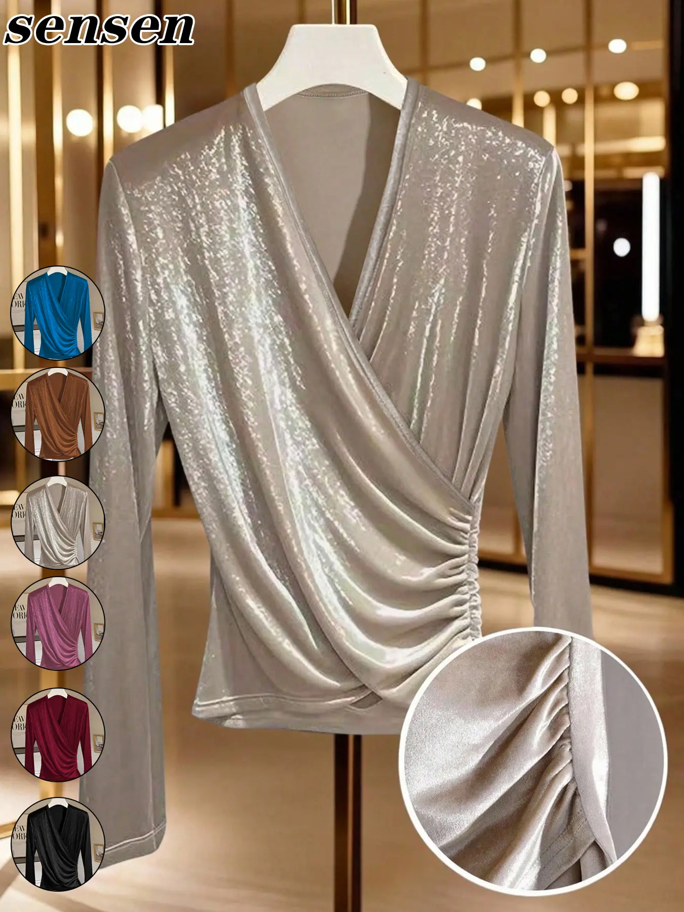 Women's Silver Color Sequined Crossed V Neck Long Sleeve Top, Womenswear, Lady, All Seasons, Slim-Fitting Ruched Design, Party Style Fitted T-Shirt