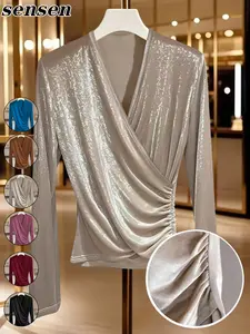 Women's Silver Color Sequined Crossed V Neck Long Sleeve Top, All Seasons, Slim-Fitting Ruched Design, Party Style Fitted T-Shirt