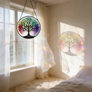 SICANDAENHK Multicolor Tree of Life Diamond Glass Stained Glass Suncatcher Frame, Hangable Art Deco Hanging Home Decor Window Decoration, Meaningful Gift for Family
