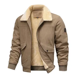 Men's Khaki Corduroy Shearling Jacket - Faux shearling collar, full zipper closure, flap pocket design, warm fleece lining, retro casual coat, perfect for cold weather & everyday wear