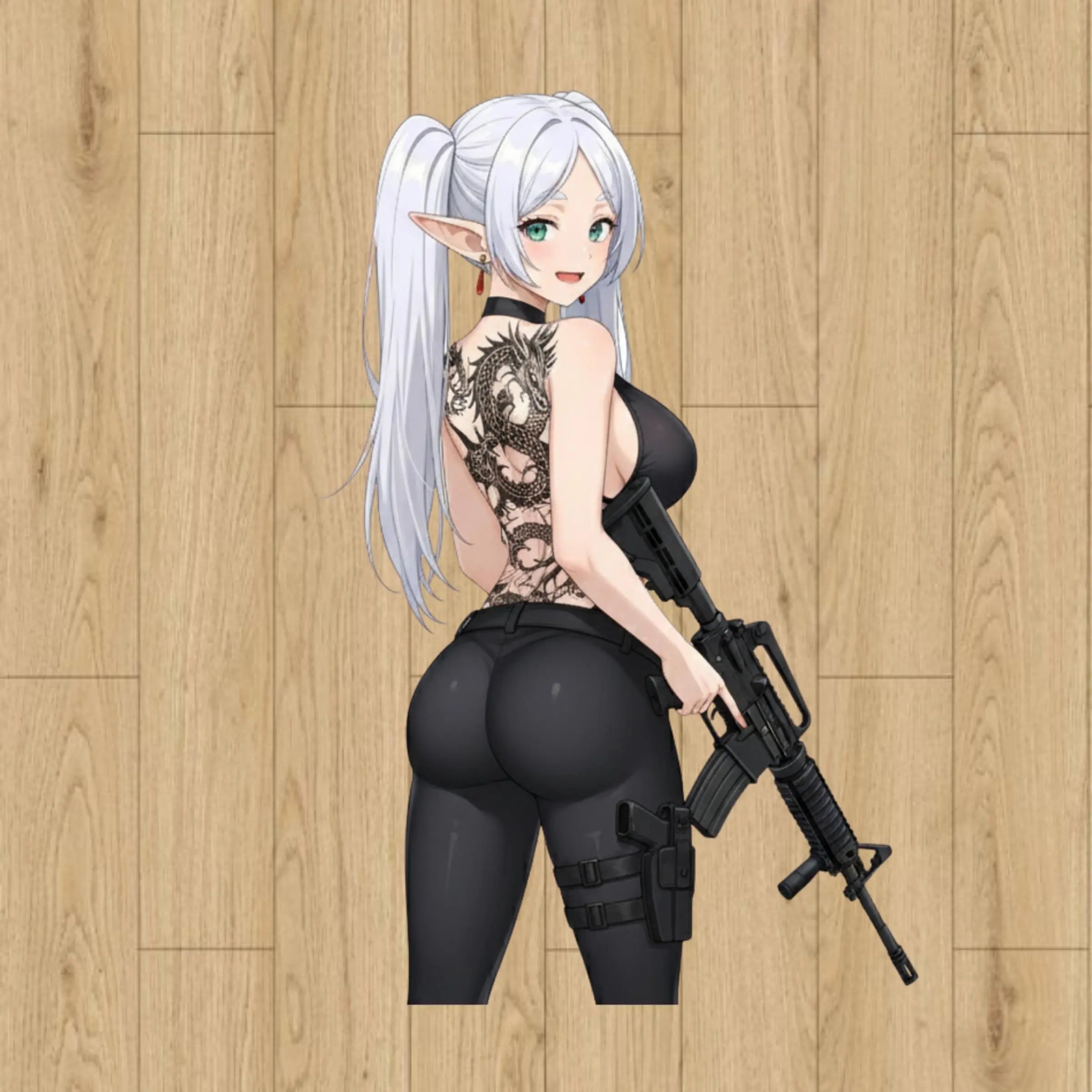 Frieren with Dragon Tattoo and M4A1 Rifle – Fantasy Frieren Tactical Anime Vinyl Sticker, Decal For Laptop Notebook Phone and Car