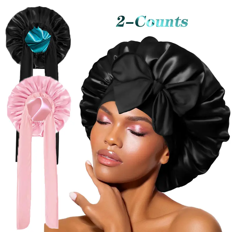 ZIHAN Women's 2-Counts Double-Sided Silk Bonnet Kit with Tie Band, Heatless Curling Set for Natural Curly Haircare (Shuangceng Pink+Black)