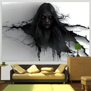 Extra Large Demon Black Hair Day of the Dead Polyester Tapestry - Vertical Cut Indoor Wall Hanging, Hook-Included Gothic Home Decor, No-Power-Needed, Custom Image Upload Option, Hand Wash Safe Living Room Accessory, Indoors