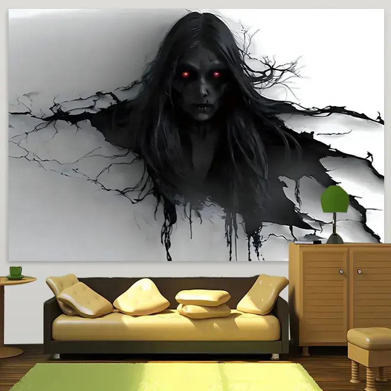 Neon,Nature,Bohemian,Sun,Extra Large Demon Black Hair Day of the Dead Polyester Vertical Tapestry - Hook-Included Gothic Home Decor, Hand Wash Safe Living Room Accessory, No-Power-Needed, Custom Image Upload Option, Indoors, Synthetic, Goth, Wall Decorati