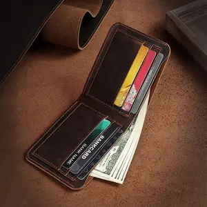 Men's Crazy Horse Leather Short Wallet, Full Genuine Leather Money Clip Top Layer Cowhide Wallet