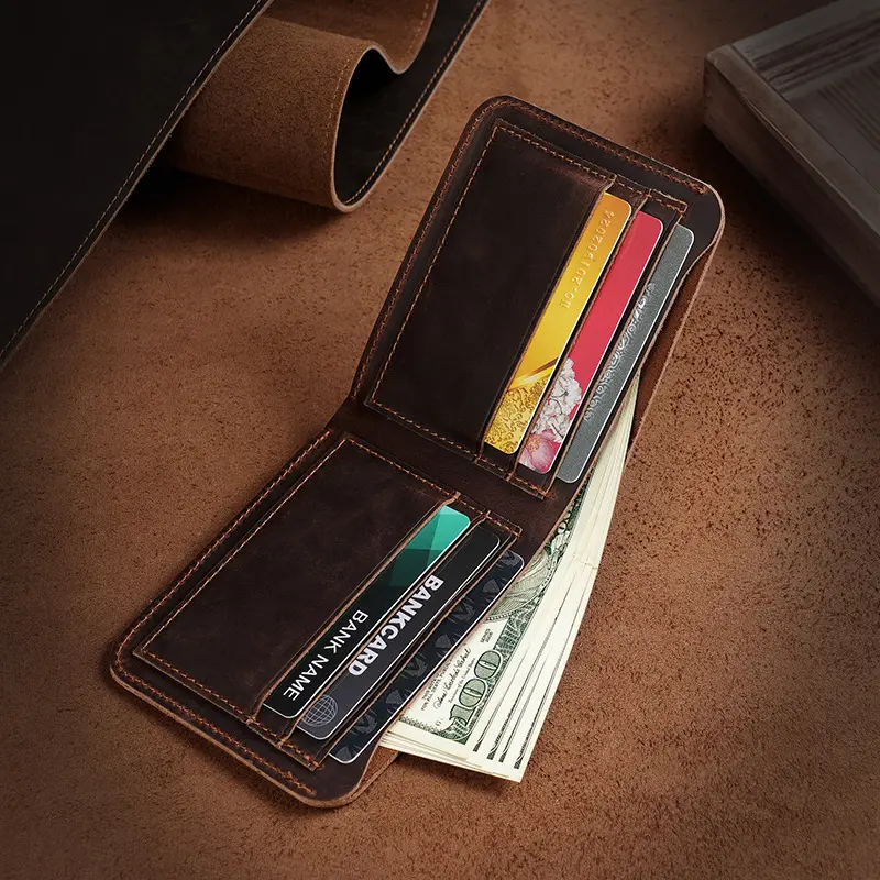 Men's Crazy Horse Leather Short Wallet - Full Genuine Top-Layer Cowhide Wallet with Money Clip, Mens Wallet