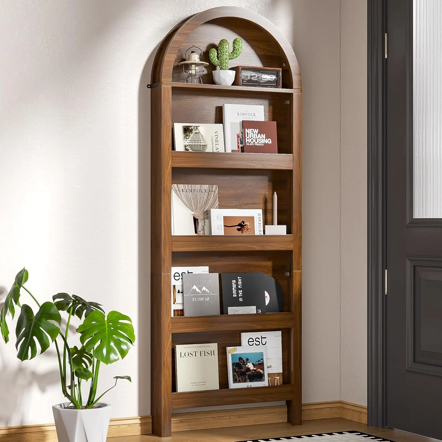 5-Tier Curve Groove Wooden Wall-Mount Arched Narrow Bookshelf - 3.9"d x 23.6"w x 63"h Assembly Required Behind-The-Door Space-Saving Open Organizer - Room Decor, Apartment Accessories, Magazine Rack for Living Room, Bedroom Furniture, Home Decor, Living R