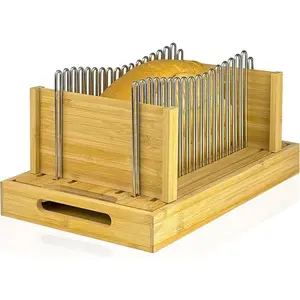Bamboo Bread Slicer for Homemade Bread - Adjustable Width Stainless Steel Slicing Guides & Crumb Tray - Sourdough Bread, Cakes, Loaves, Bagel Slicer - Kitchen Baking Tools & Gifts