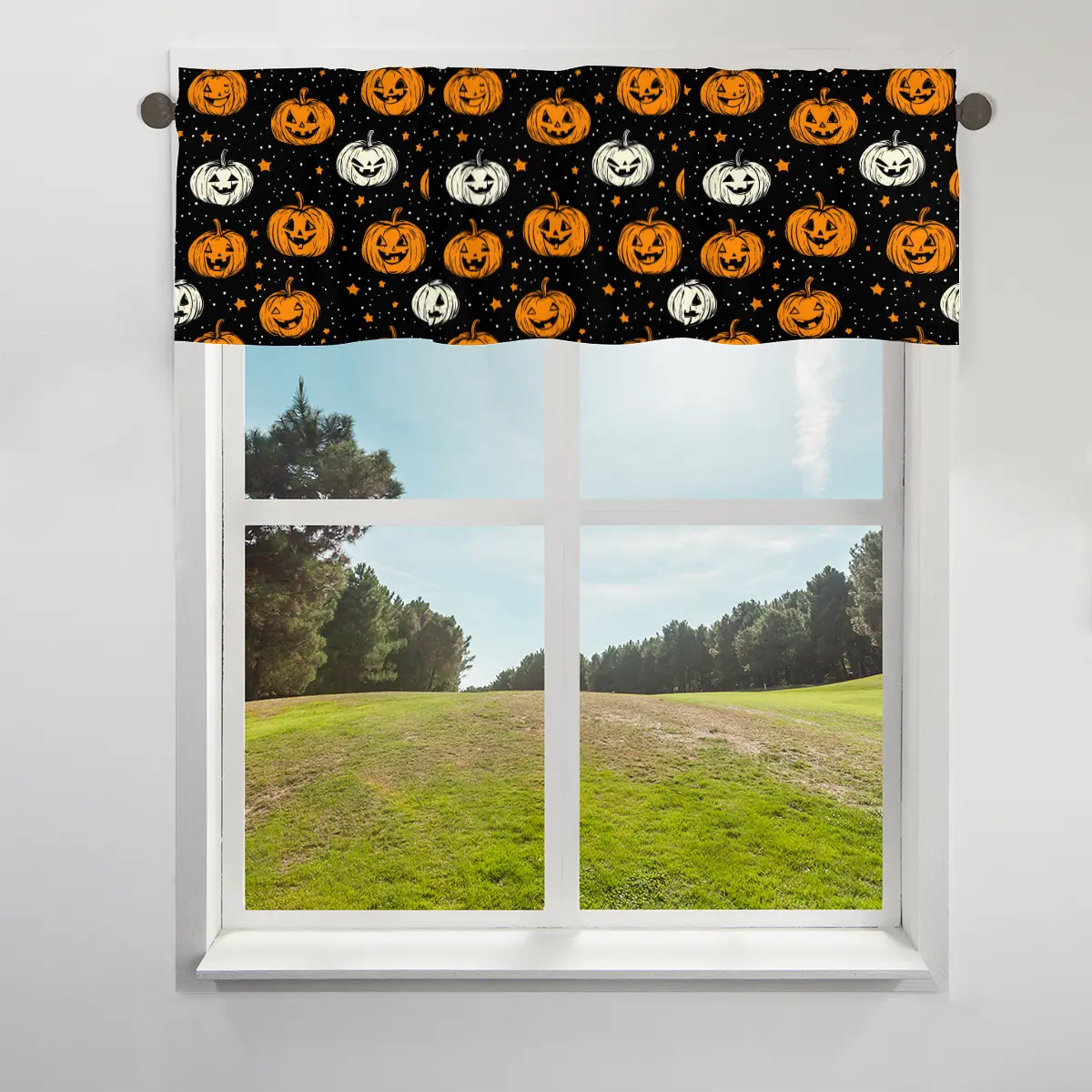 Halloween Jack O' Lantern Rod Pocket Valance, Black Background with Orange-White Pumpkin, Star & Moon Print, Light Filtering Short Curtain Valance for Kitchen, Fall Spooky Home Decor