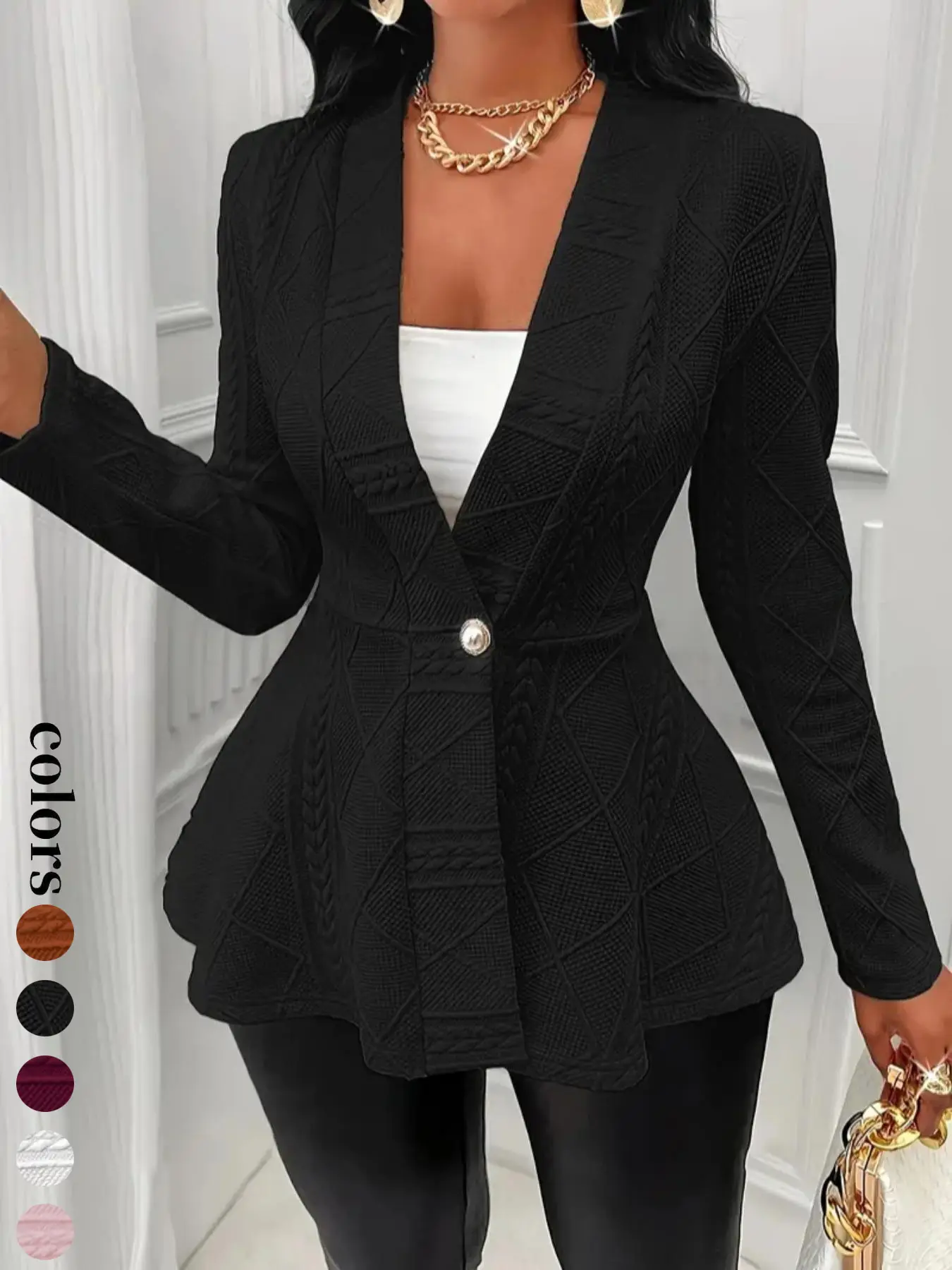 Women's Textured Button Front Blazer, Elegant Long Sleeve Slim Outerwear for Fall & Winter, Ladies Clothes for Work Office Business