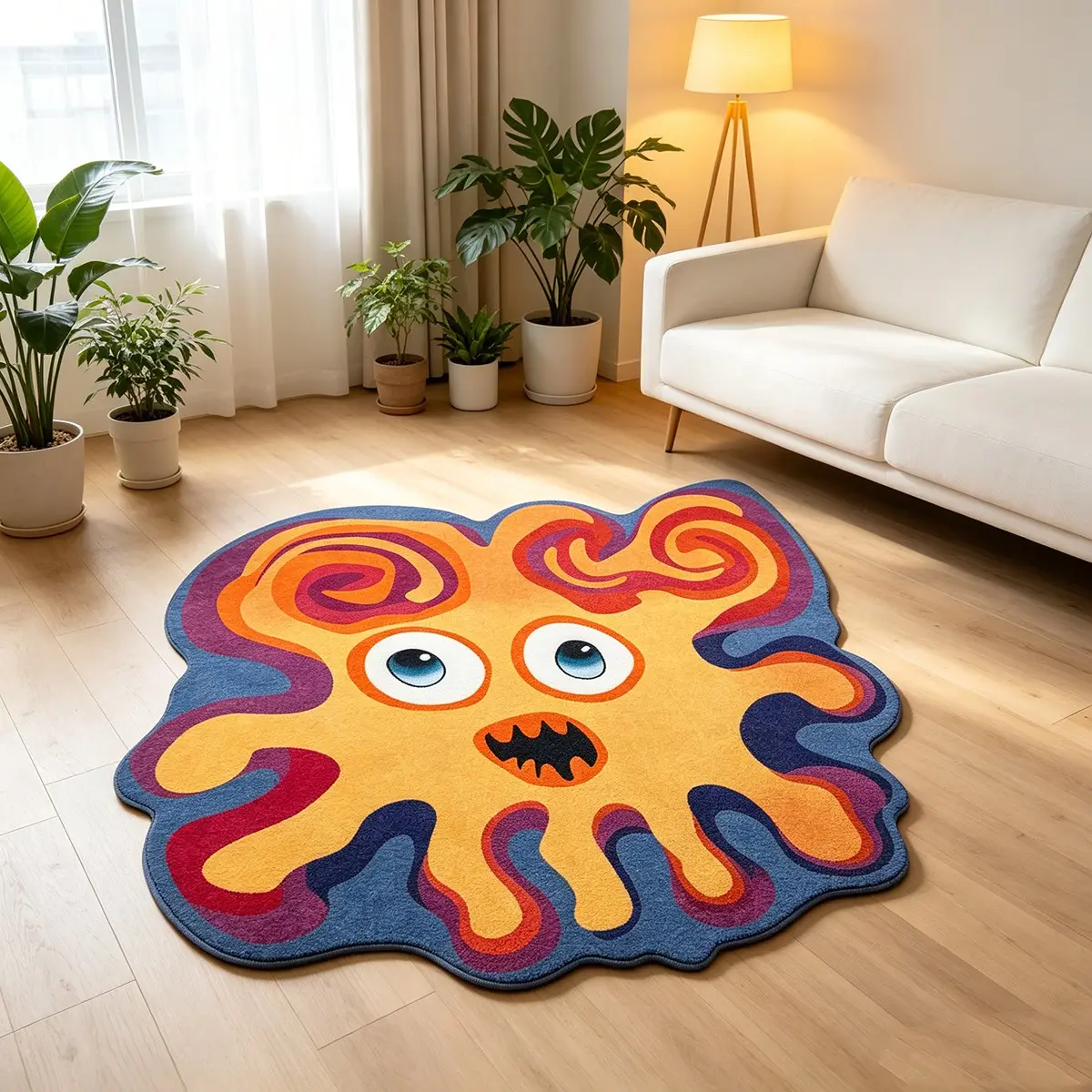 Funny Octopus Rug, Cute Expression + Spiral Tentacles Design, Short Pile Non-Slip, Washable, Suitable for Living Room, Bedroom, Gaming Room