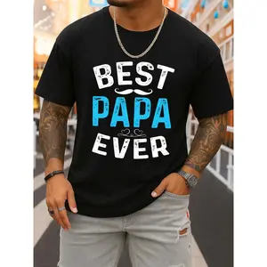Men's Black Short-Sleeve T-Shirt Featuring 'Best Papa Ever' Design, Perfect for Spring And Autumn.This Trendy Printed Tee Offers a Regular Fit And Everyday Comfort