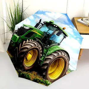 1 PC Automatic Folding Umbrella - Green Tractor Farming Scene Pattern, Portable & Foldable Design with 8 Ribs, Merry Christmas Pattern,Casual Outdoor Accessory Halloween and Christmas Birthday Gifts. F00182