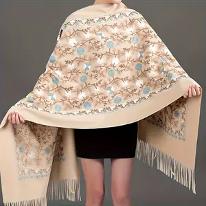 Elegant Lady's Embroidered Scarf - Multi-functional Polyester Shawl with Tassels, Suitable for Cheongsam and Casual Outings, Windproof