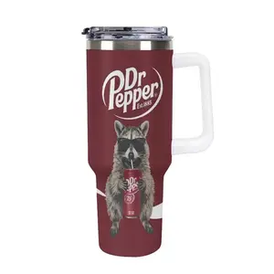 Funny Raccoon Drinking DR Pepper 40oz Tumbler with Handle, Cool Trash Panda in Sunglasses Insulated Stainless Steel Mug, Maroon Soda Lover Gift, Vacuum Travel Cup with Straw Lid, Gift for Raccoon Fans, Gift for DR Pepper Fans